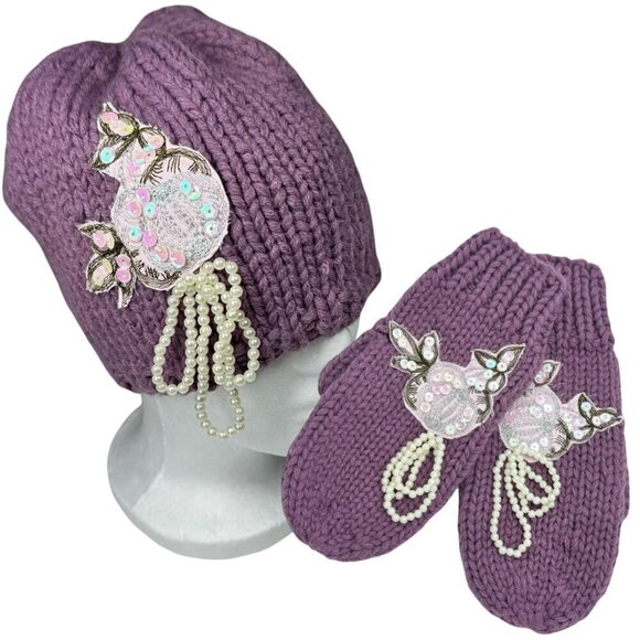 Anthropologie Beanie Hat & Mittens Set Knit Purple Floral Pearls Applique - Picture 1 of 13